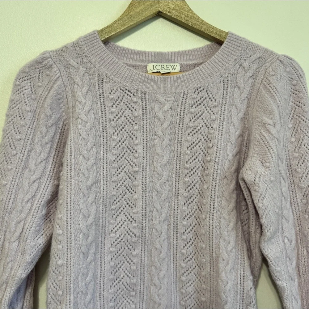 J. CREW Pointelle Cable Knit Sweater Puff Sleeve Lilac Purple Wool Blend Size XS